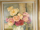 a painting of roses in a vase on a table