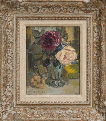an oil painting of flowers in a glass vase on a table