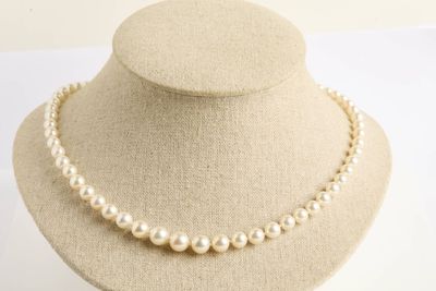 collier de perles présenté sur un mannequin devant un fond blanc
