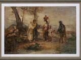 une peinture à l'huile représentant un groupe de personnes dans un environnement boisé