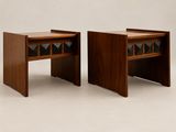 pair of mid - century walnut side tables with glass inserts