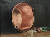 une peinture à l'huile représentant un faitout et des oignons posés sur une table