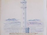 drawing of a light house on a beach with a lighthouse in the background