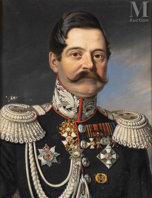 an old painting of a man in a military uniform with a moustache