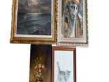 four framed pictures of a woman and a cat on the wall