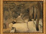 an image of a painting of a woman sitting on a bench in the snow