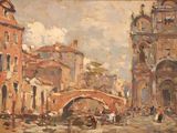 tableau représentant une scène de rue avec un pont et des bâtiments en arrière-plan