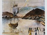 a painting of a ship in the water with people on it