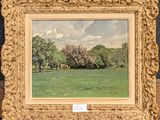 an oil painting of a field with trees in the background