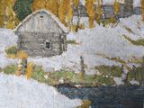 tableau représentant une cabane dans la neige, avec un ruisseau au premier plan