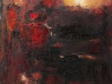 an oil painting of a red and black painting on a white background