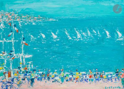 un tableau représentant un groupe de voiliers sur l'eau