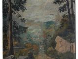 une peinture représentant une route dans une zone boisée, avec des arbres et des rochers