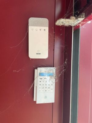 une image représentant une porte rouge avec un téléphone et une toile d'araignée