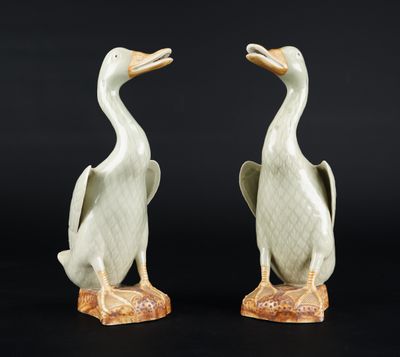 pair of chinese white and green glazed ducks on stand
