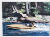 a painting of a man on a speed boat in the water