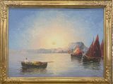 a painting of boats in a body of water with mountains in the background