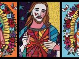 trois représentations différentes de Jésus, avec des fleurs et une croix