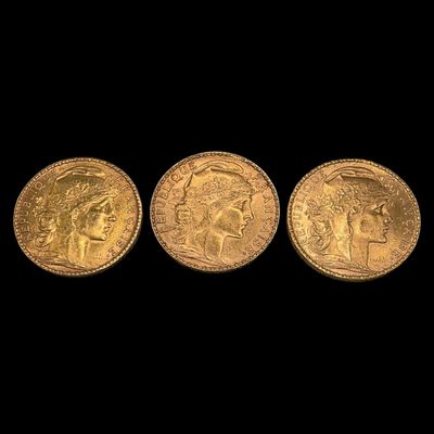 FRANCE - Réunion de 3 pièces de 20 francs or (900 millièmes)…