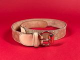 a close up of a belt with a buckle on a red background