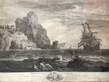 a drawing of a ship in the water with people on it