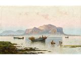 a painting of a group of people on a boat in a body of water