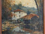 une peinture à l'huile représentant une maison au bord d'une rivière, dans un environnement boisé