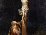 a painting of jesus on the cross with a woman kneeling next to him