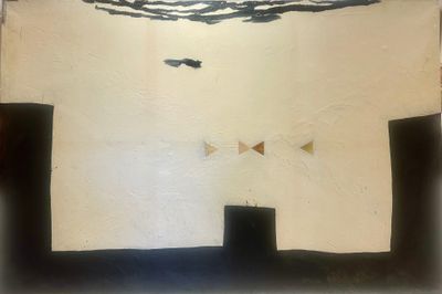 a painting on the wall of a room with a bird in the sky