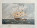 painting of a sailing ship in the ocean with a sky in the background
