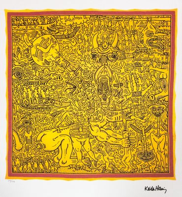 an image of a yellow and red drawing on a white wall
