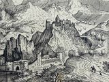 drawing of a mountain landscape with a castle in the distance