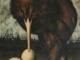 an oil painting of a bird with two eggs in its beak