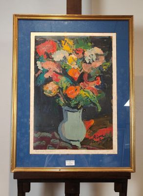 une peinture de fleurs dans un vase sur une table