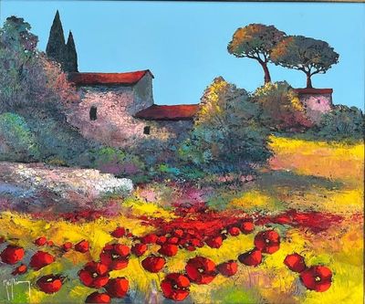 un tableau représentant un champ de coquelicots rouges devant une maison
