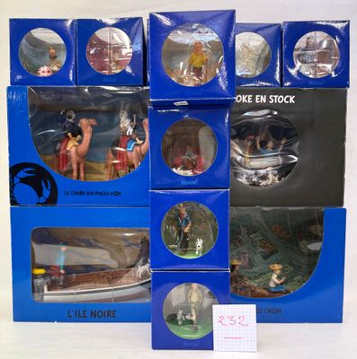 six boxed boxes of action figures of people and animals in blue boxes