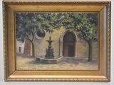 an oil painting of a fountain in a courtyard with trees and a building in the background