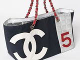 a close up of a chanel bag on a white background