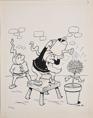 dessin humoristique représentant un homme assis sur un banc, avec une plante en pot devant lui