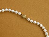 a close up of a white pearl necklace with a gold clasp