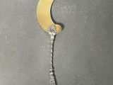 a silver spoon with a gold crescent on it sitting on a table