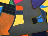 painting of abstract shapes on a yellow background with blue, orange, yellow, and red