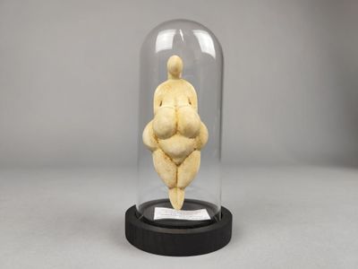 une figurine représentant une femme corpulente, exposée sous une cloche en verre