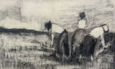 drawing of a group of people riding horses in a field