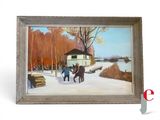un tableau représentant deux chevaux marchant dans la neige