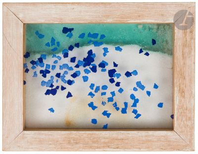 blue and white confetti in a wooden frame on a white background