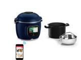une image représentant un cuiseur à riz bleu à côté d'une casserole et d'un téléphone portable