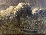 a picture of a painting of a mountain in the water