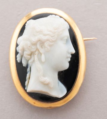 an image of a woman ' s profile in a black and white cameo broochle