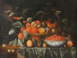 tableau représentant des fruits dans un panier posé sur une table recouverte d'une nappe